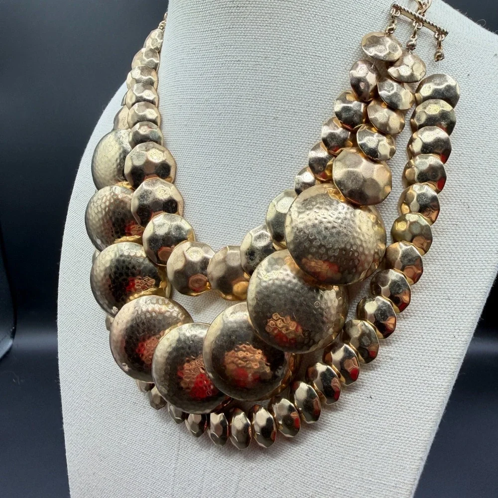 Gold Tone Hammered Disc Multi Strand Statement Bib Necklace Bold Chunky Layered